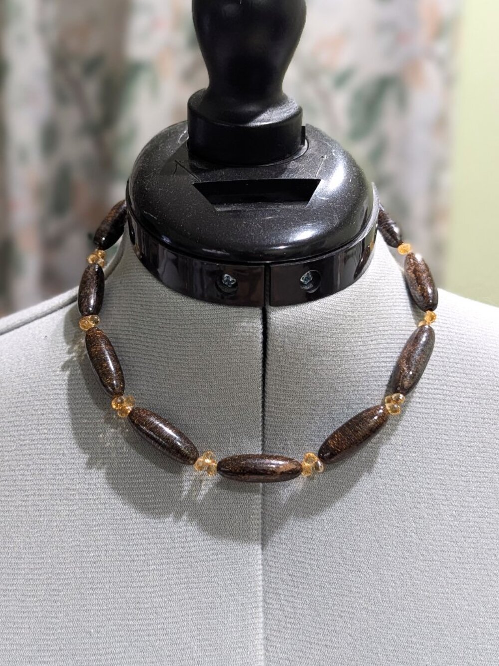 Chunky Gold Tone Artisan Style Bronzite Citrine Beaded Necklace + Gift Bag